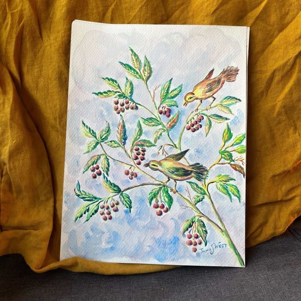 Pair of hand painted bird and tree watercolor paintings - Picture 2 of 2